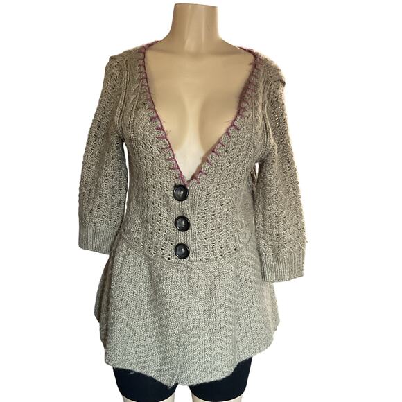 Free People Deep V Peplum Knit Sweater Cardigan in Olive Green - Picture 1 of 6